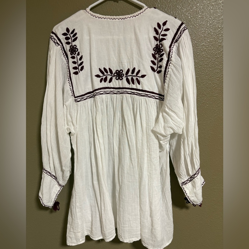 Embroidered White Peasant Blouse with Burgundy Accents - Picture 2 of 7